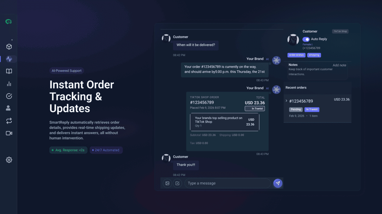 SmartReply instant order tracking - AI reading a logistics card and responding with shipping status
