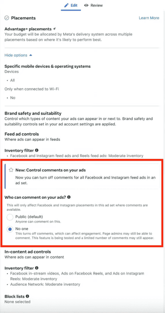 Meta Ads Manager - Control comments on your ads settings