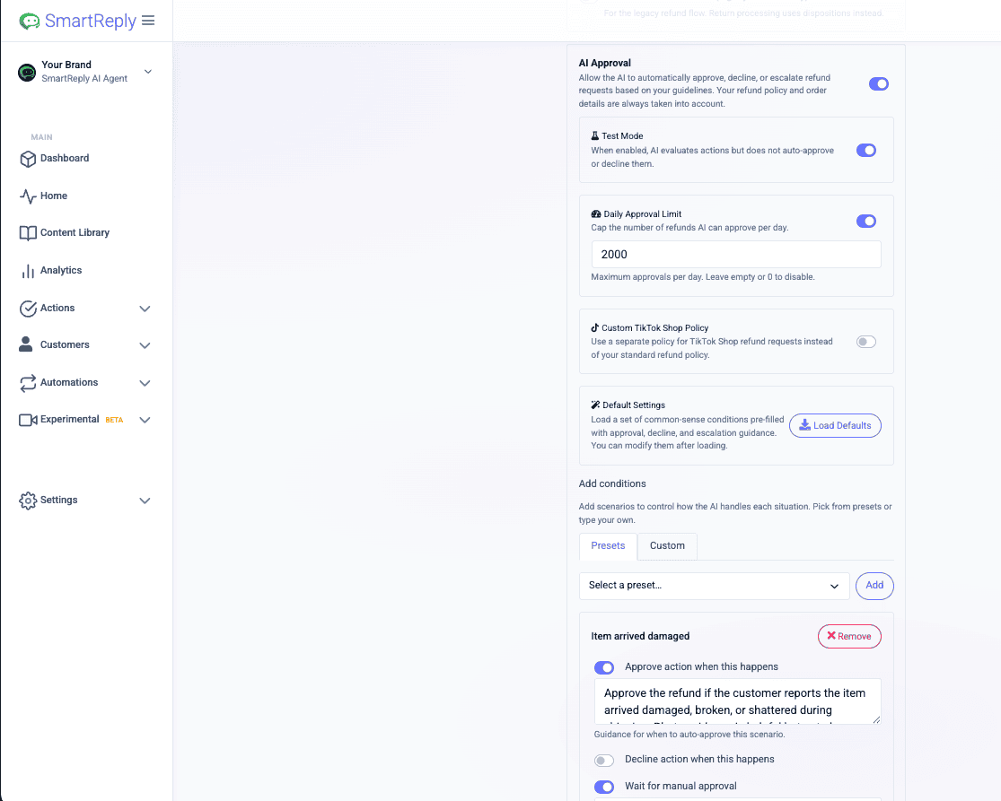 SmartReply AI Approval settings page showing test mode, daily approval limit, and condition presets